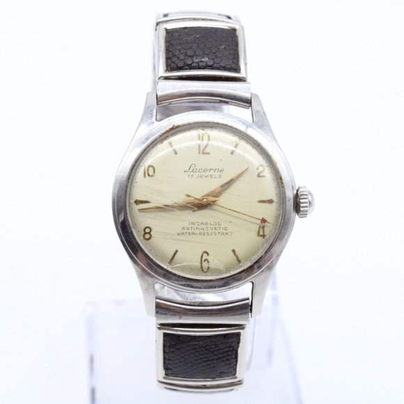 Vintage Lucerne Watch 17 Jewels Mens Silver Tone Stainless Steel Incabloc - Picture 1 of 8